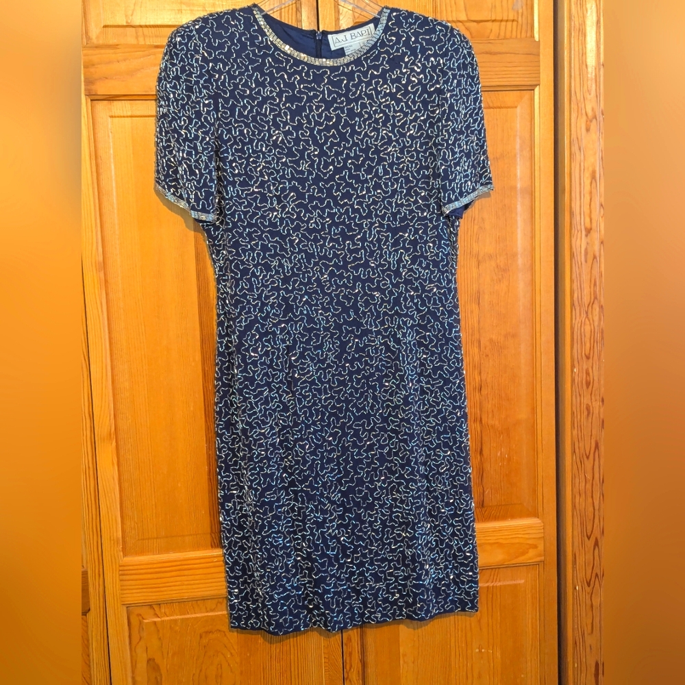 Vintage‎ AJ Bari Dress Sz 12 100% Silk Embellished Navy Blue Wedding Beaded